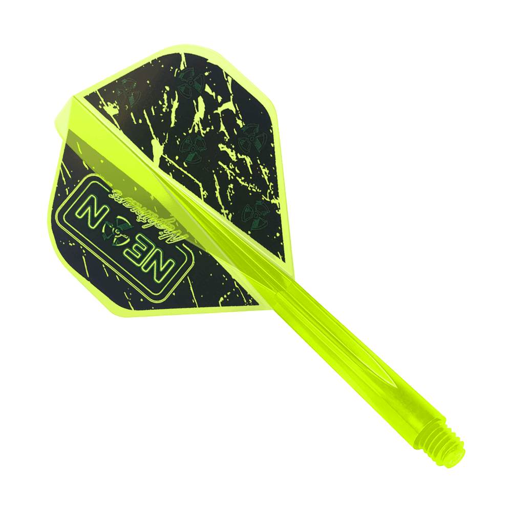 Dieses Bild zeigt das Produkt "Condor AXE Stowe Buntz Neon Nightmare Flight-System Gelb - Standard". Es handelt sich um ein neon-gelbes Dart-Flight-System mit schwarzem und gelbem Muster.